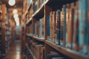 Fototapeta premium Blurry books on library bookshelf background.