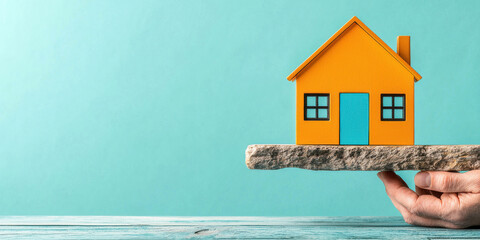 colorful house model balanced on stone, symbolizing stability and investment