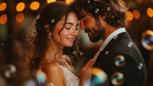 This romantic image shows a happy couple embracing each other at a wedding, surrounded by bubbles, radiating joy and love. - Powered by Adobe