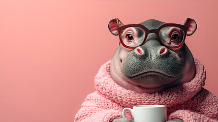 Cute hippo wearing glasses and holding a white mug of hot latte, staring directly at the camera on a pink background, World Hippo Day.