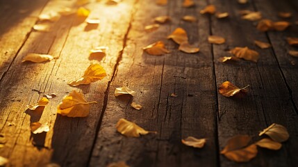 Golden Autumn Leaves on Rustic Wooden Planks in Sunlight