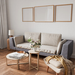 Interior living room mockup frame, equilateral square frame, three sets poster empty in home design, interior design element mockup, blank frame 3d render