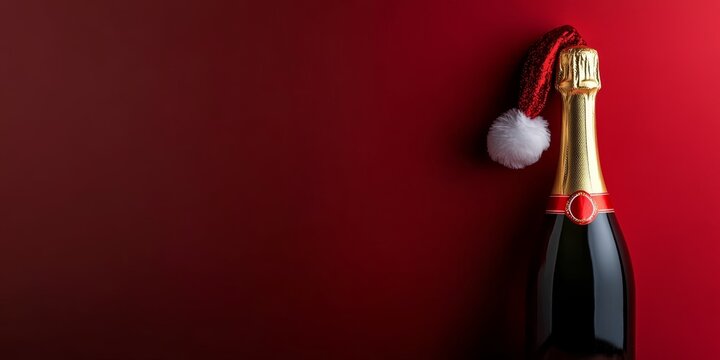 Closeup sparky festive champane bottle in black with Santa hat