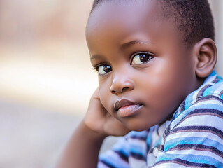 A young black boy sits with a thoughtful look, resting his chin on his hand. His gaze reflects curiosity and innocence, surrounded by a gentle outdoor ambiance. Generative AI