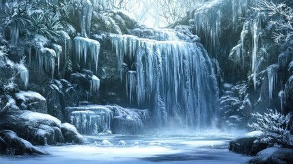 Fototapeta premium Frozen Waterfall Scene in a Winter Forest