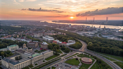 Fototapeta premium Sunset Aerial View of a Cityscape