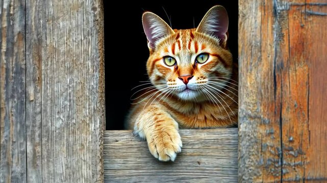 Cat resting its paws on a wooden window sill in a rustic setting during daylight hours