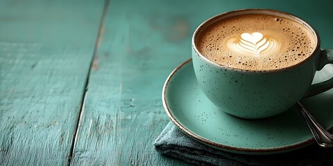 A beautifully crafted cup of latte art with a heart design, sitting on a teal plate. The rustic wooden table adds a warm, inviting ambiance to the coffee moment.
