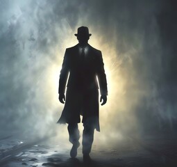 Illustration of man in suit silhouette with dramtaic background.