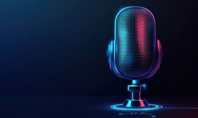 Background Featuring a Glowing Blue Microphone Icon, Designed for Recording Sound, Audio, Dark Audio, Music, and Voice Messages through Mobile Applications, or Commanding AI to Search for Information 