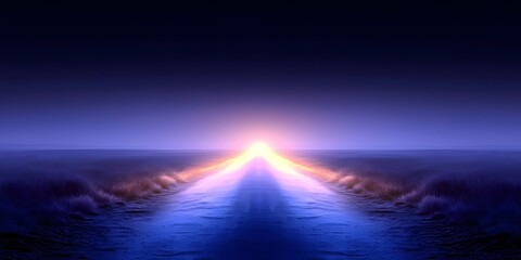 A stunning twilight scene featuring a deserted road leading towards a vibrant horizon with hues of blue and purple, suggesting a serene yet mysterious atmosphere.