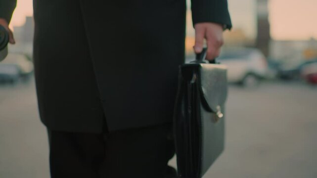 Close-up of man in black outfit walking outdoors with briefcase in left hand and coffee in right hand, blurred background features parked cars