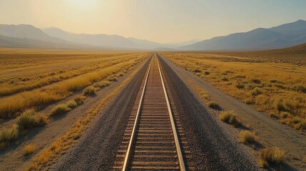 Naklejka premium Overhead view of parallel railway tracks with gravel between them, stretching straight across a sunlit, open landscape