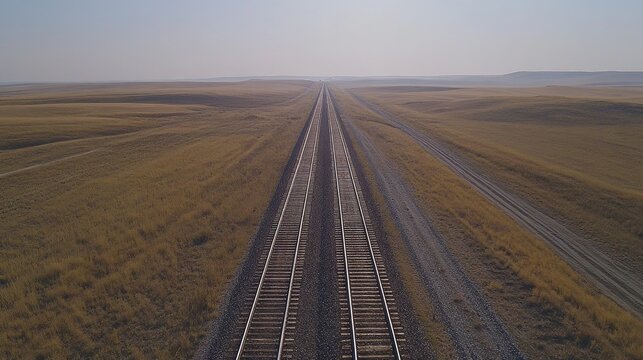 Overhead view of parallel railway tracks with gravel between them, stretching straight across a sunlit, open landscape