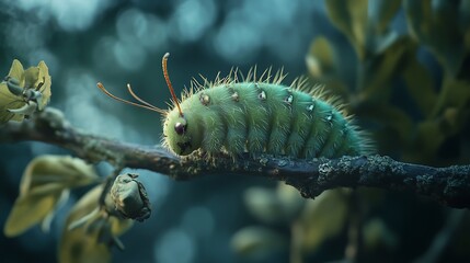 Naklejka premium Green Caterpillar Crawling On A Branch