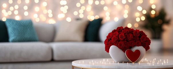 Romantic Red Roses in Heart-Shaped Vase on Coffee Table with Fairy Lights