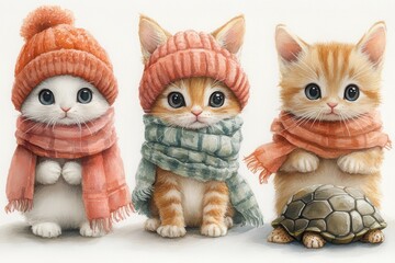 Obraz premium Three adorable kittens in winter scarves and hats, with one holding a turtle.