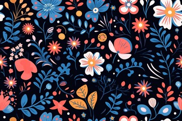 Seamless botanical pattern with hand drawn flowers, leaves, berries. Bright floral background. Vector texture for fabric, wallpapers, apparel, textile
