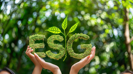 Business hands holding green plant tree with ESG icon concept in the hand for environmental, social, and governance in sustainable and ethical business.