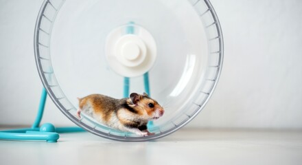 Hamster running on exercise wheel in minimalist setup