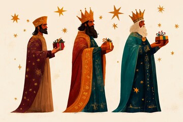 Flat-style depiction of the Three Wise Men in earthy-toned robes, each holding a gift