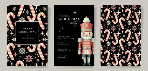 Set of Christmas Corporate Holiday cards with Nutcracker and candy cane pattern ornate frames, background and copy space. Universal artistic templates, vector illustration © catcopylove