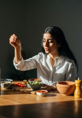 Middle Eastern woman seasoning food in sunlit kitchen with fresh ingredients