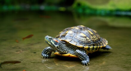 Detailed close-up of red-eared slider turtle in natural habitat with shallow water and fish