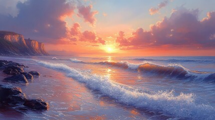 Naklejka premium Serene sunset over ocean waves crashing on rocky beach.
