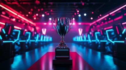 An E-sports winner trophy standing on the stage in the middle of the arena of the computer video game championship, pink and blue neon lighting