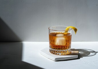 Glass of whiskey on ice with lemon peel garnish in sunlit room