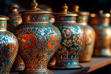 Ornate vessels with rich patterns, filled with gifts, captured in close-up with light shadows