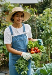 Young woman in garden holding basket of fresh vegetables with lettuce and tomatoes