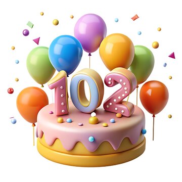 3D 102nd Birthday Celeberation With Pastel Cake and balloons On White Background.