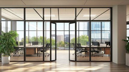 Obraz premium Modern Open-Plan Office Space with Glass Walls and City View