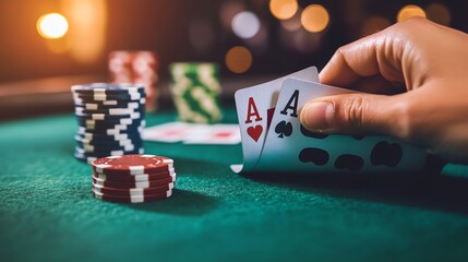 A hand holding two aces in a casino.