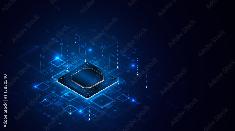 Poster Microchip processor circuit board technology on dark blue background. Information Processing Concept. Circuit board hi-tech technology background. vector illustration	
