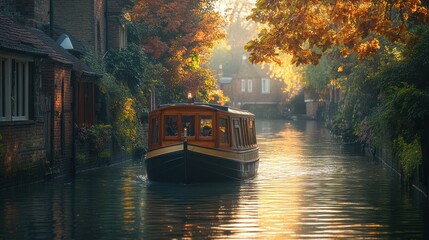 Autumnal canal scene with boat and colorful foliage.