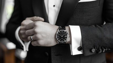 A close-up of a well-groomed individual adjusting a stylish watch while dressed in a formal black suit, exuding sophistication.