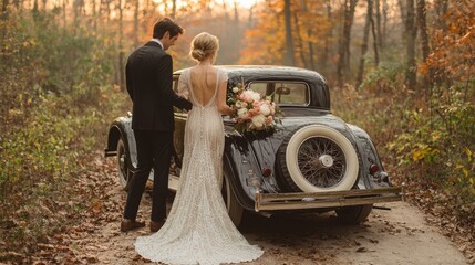A European couple stands beside a vintage car in a forest during autumn. The woman wears a stunning white wedding dress, holding a bouquet.