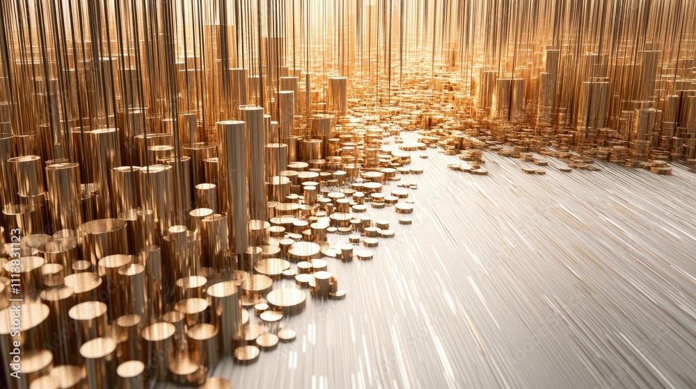 Poster stacked 3d bar graphs in metallic tones, arranged in a pattern on a white reflective surface, highli