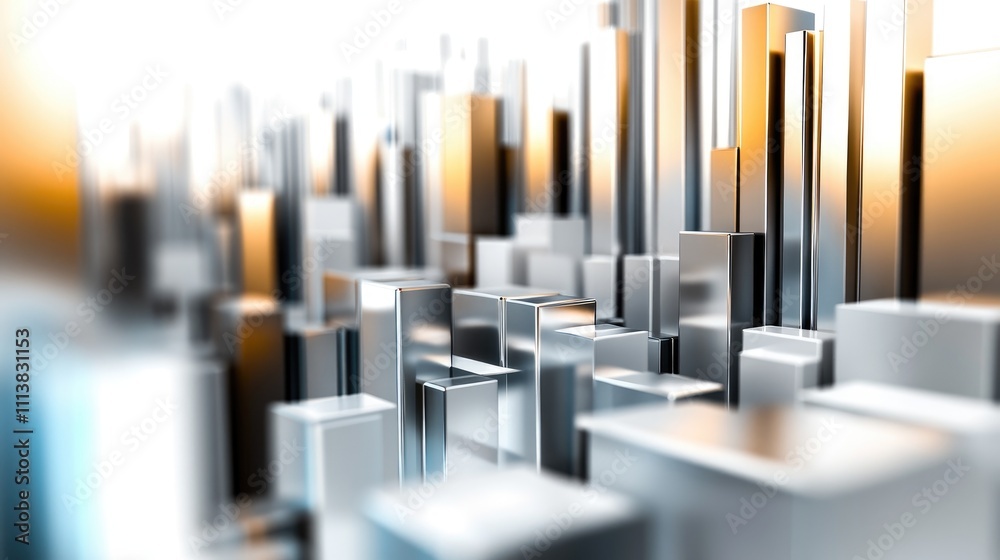 Poster stacked 3d bar graphs in metallic tones, arranged in a pattern on a white reflective surface, highli