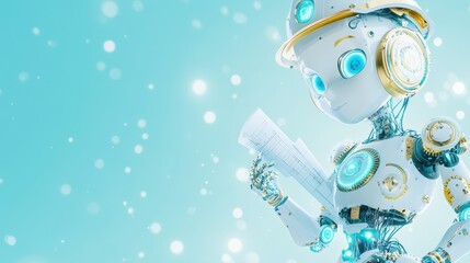 A futuristic robot holding blueprints against a soft teal background, symbolizing technology, innovation, and engineering design.