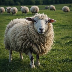 Fototapeta premium A sheep with a fluffy coat in a vibrant green pasture.