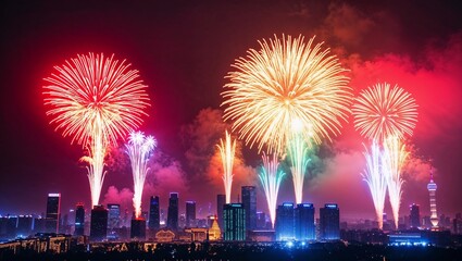 A stunning fireworks display illuminates the night sky with tall buildings and skyscrapers visible in the background. The city skyline is illuminated by vibrant colors