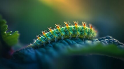 Naklejka premium Vibrant Green Caterpillar Crawling on Leaf
