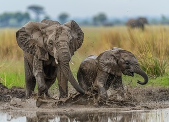 Obraz premium Playful Elephant Calves Splashing in Mud