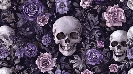  a seamless pattern featuring detailed skulls and roses floral elements against a deep, dark background.