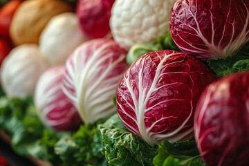 Obraz premium Radicchio and cauliflower heads arranged in rows