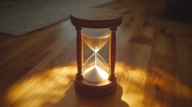 Vintage-style hourglass with white sand on a wooden surface, with warm lighting casting shadows to highlight the glass contours